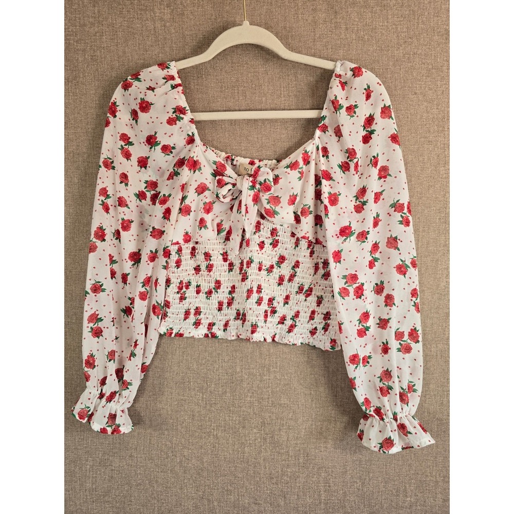 No Frills Los Angeles Womens Rose Floral Smocked Crop Top White Red Medium